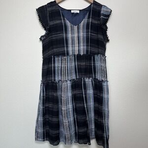 THML Women Mini Dress Medium Blue Patchwork Tiered Flutter‎ Cap Sleeve Stripe